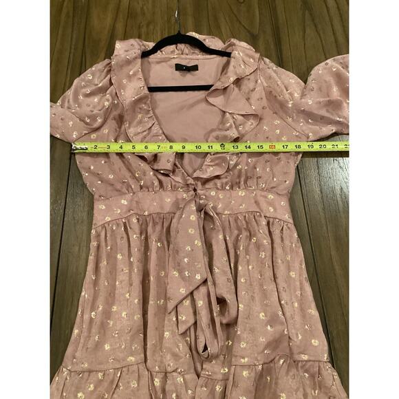 Vici Aeom pink Dante Metallic Ruffle Tie flirty long sleeve v neck Blouse Sz M - Picture 3 of 9